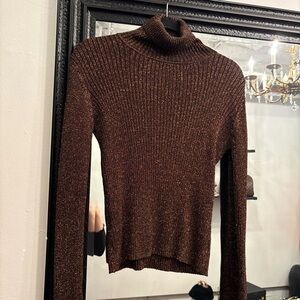 Metallic Ribbed Brown Turtleneck Sweater